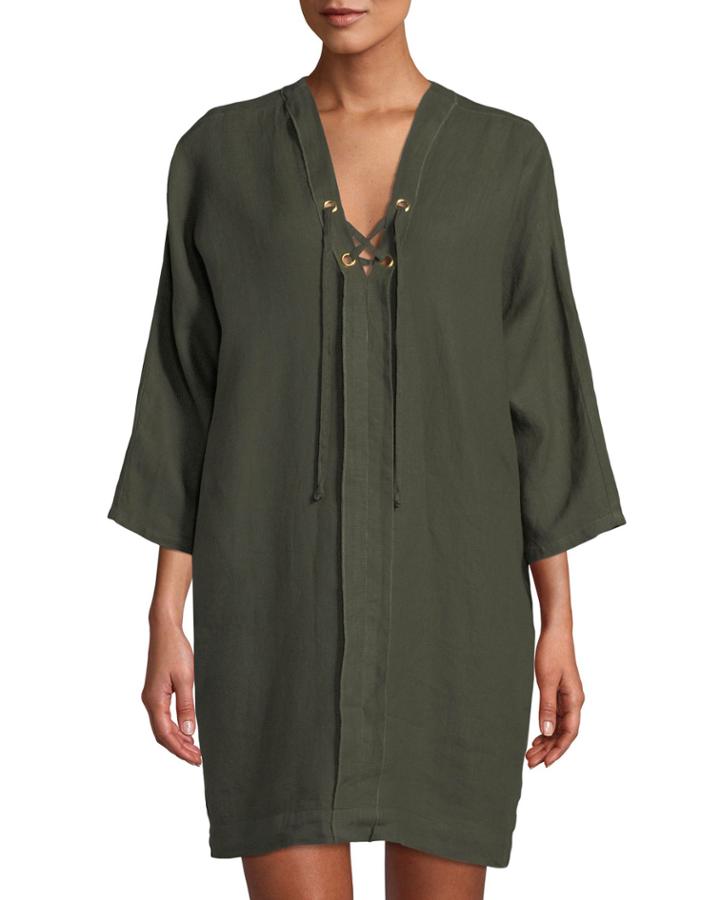 Linen Lace-up Cocoon Dress, Green