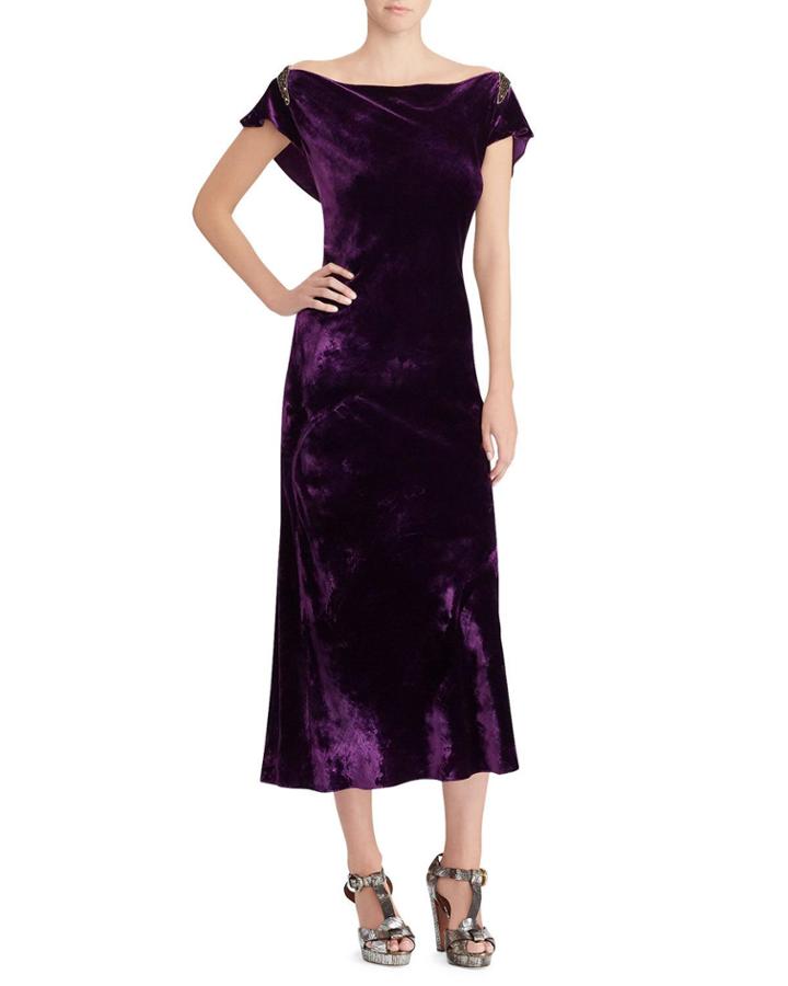 50th Anniversary Rachelle Boat-neck Velvet Midi Dress W/ Beaded-embellished