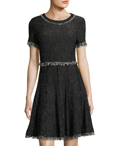 Fringe-trim Tweed Dress, Black