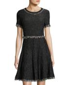 Fringe-trim Tweed Dress, Black