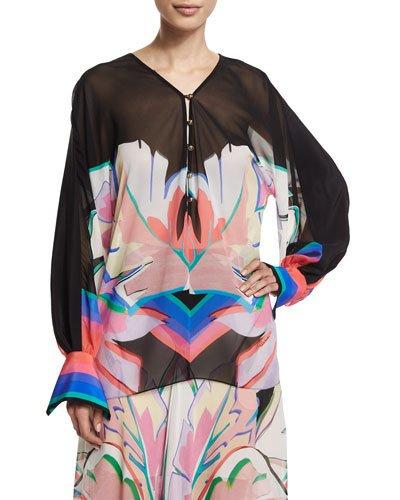 Long-sleeve V-neck Printed Blouse, Black/pink/bright Coral/blue