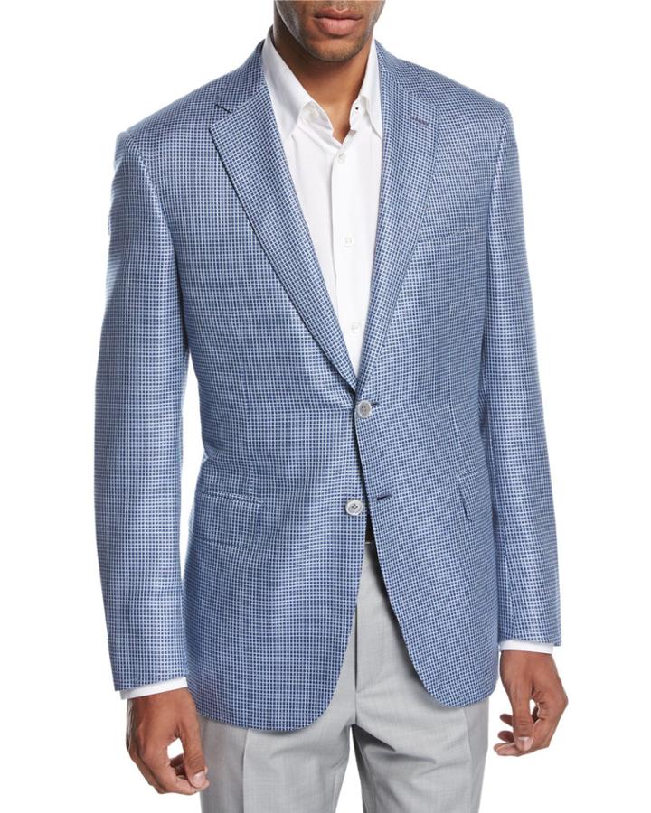 Check Wool-silk Two-button Sport Coat, Blue/white