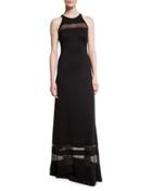 Shine Milano Knit Gown W/ Sheer Stripes, Caviar