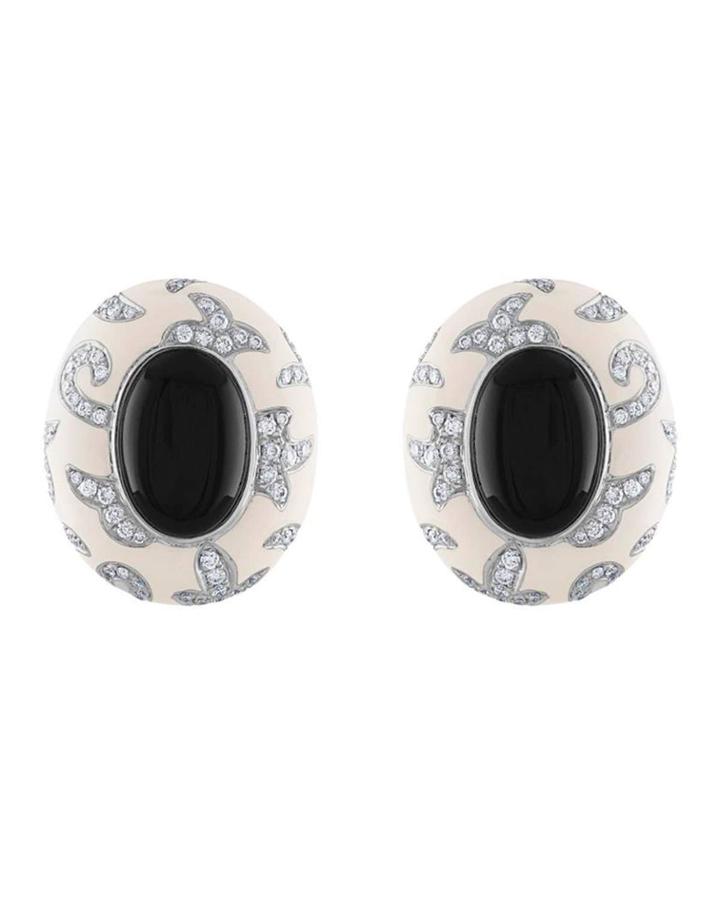 18k White Gold Enamel & Black Onyx Stud Earrings W/ Diamonds