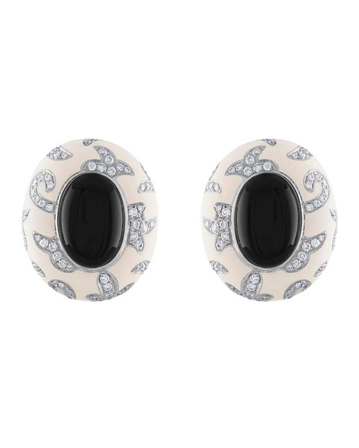 18k White Gold Enamel & Black Onyx Stud Earrings W/ Diamonds