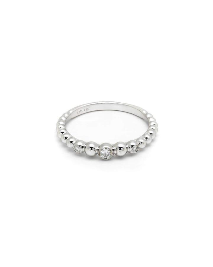 14k White Gold Beaded Diamond Band Ring,