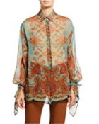 Paisley Silk Chiffon Tie-cuff Blouse
