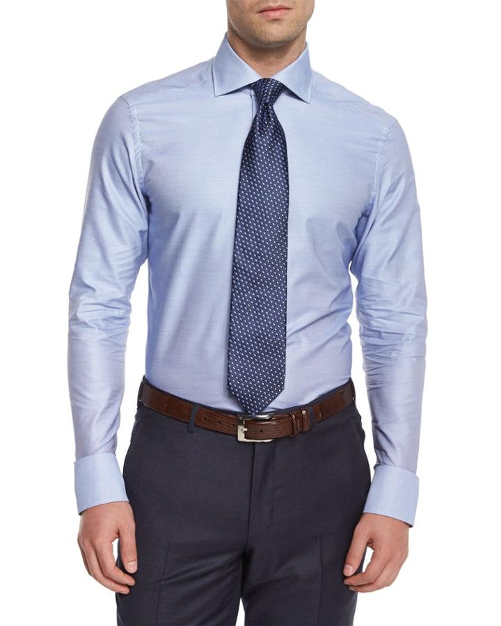 Solid Long-sleeve Woven Shirt, Dark Blue