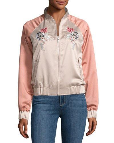 Dragon-embroidered Satin Bomber Jacket, Pink