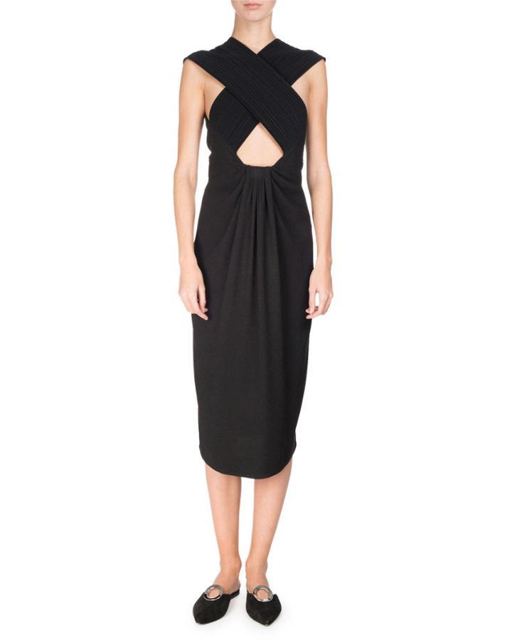 Cross-front Sleeveless Pencil Dress, Black
