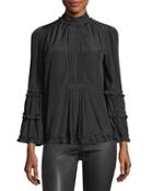 High-neck Bell-sleeve Ruffle Blouse