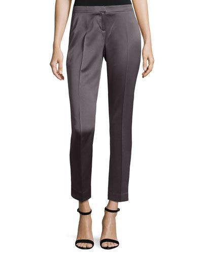 Satin Skinny-leg Ankle Pants, Gray