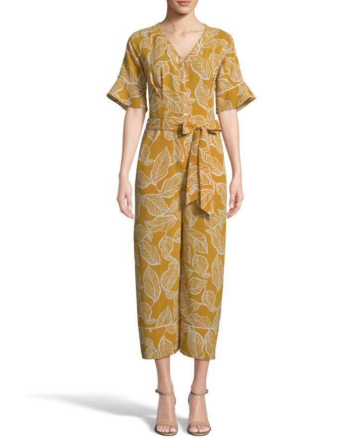 Leaf-print Tie-waist Cropped Jumpsuit