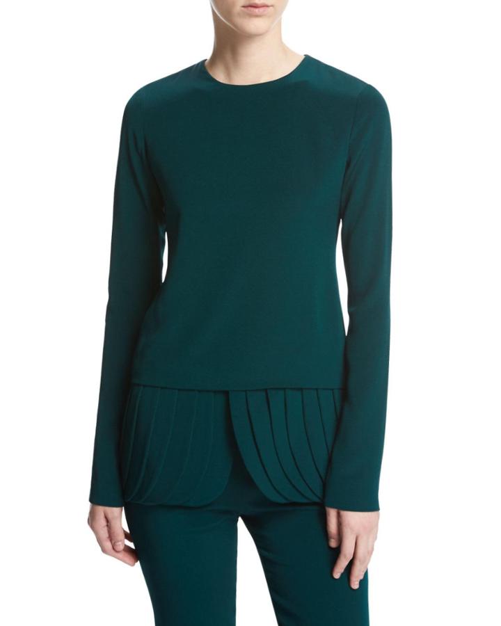 Long-sleeve Crepe Top With Petal Peplum Hem, Forest