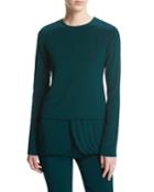 Long-sleeve Crepe Top With Petal Peplum Hem, Forest