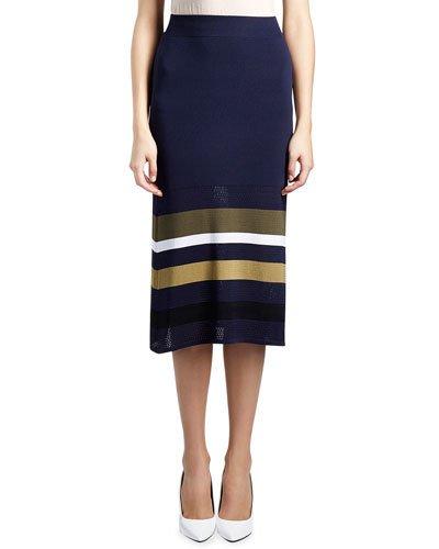 Mesh Striped-trim Midi Skirt, Dark Blue