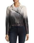 Fringe-trim Ombr&eacute; Leather Jacket, White/black