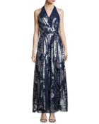 Belted Paisley-print Maxi Dress, Blue/silver
