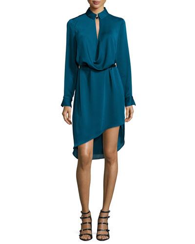 Long-sleeve Belted Draped Dress, Atlantic