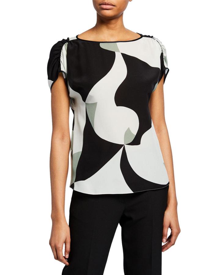 Abstract-printed Silk Cap-sleeve Blouse