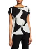 Abstract-printed Silk Cap-sleeve Blouse
