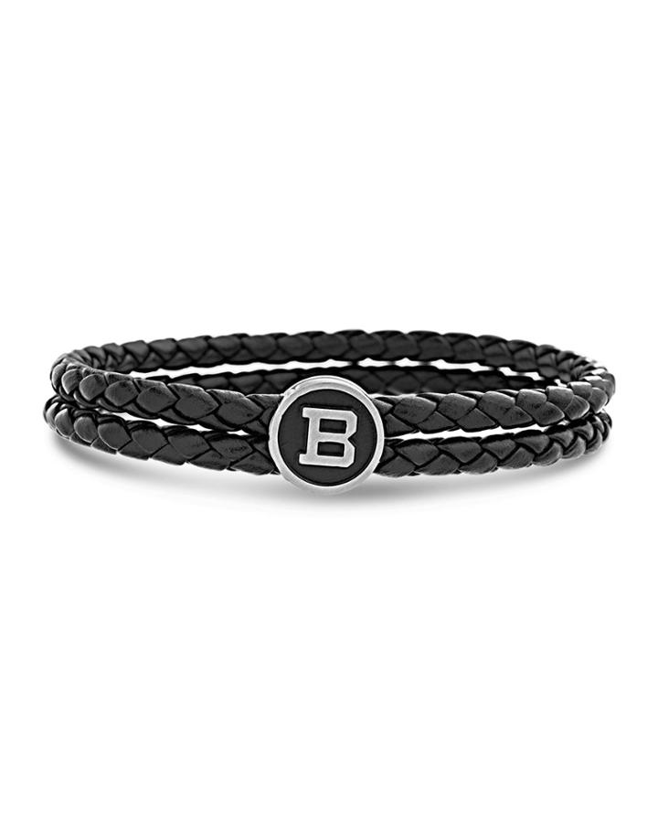 Men's Two-row Braided Leather Logo Plate Bracelet, Black