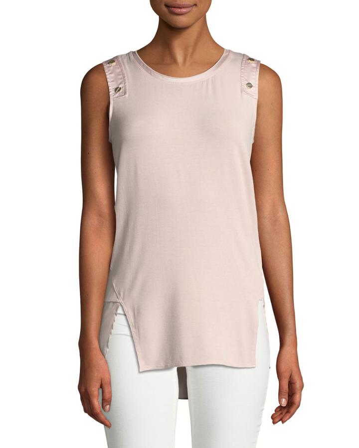 Sleeveless Mixed Material Top W/ Button Detail