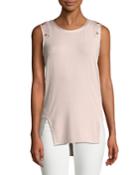 Sleeveless Mixed Material Top W/ Button Detail