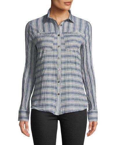 Striped & Solid Button-down Shirt, Blue Pattern