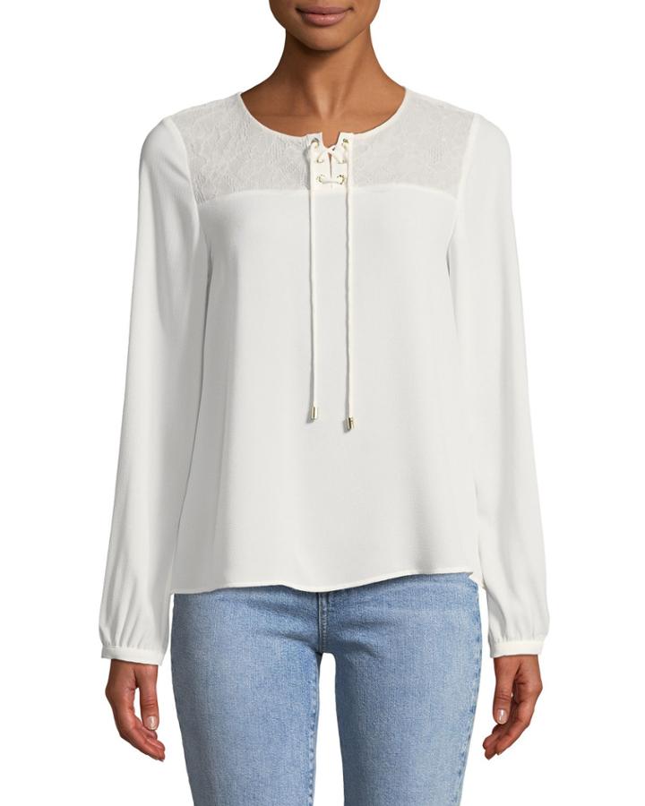 Lace-yoke Tie Front Blouse