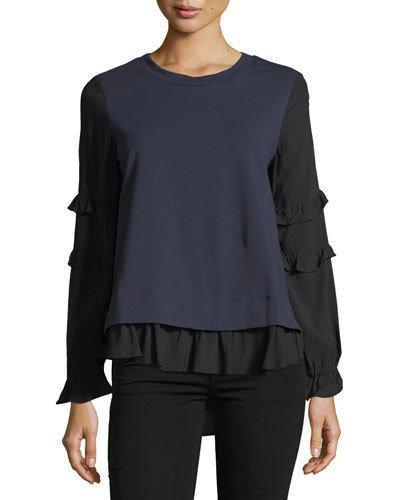 Sweatshirt-front Ruffle-sleeve Blouse