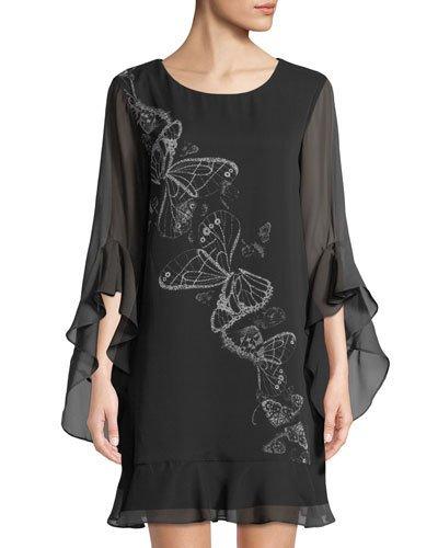 Butterfly-print Ruffled Chiffon Dress