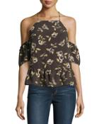Off-the-shoulder Floral-print Top, Olive