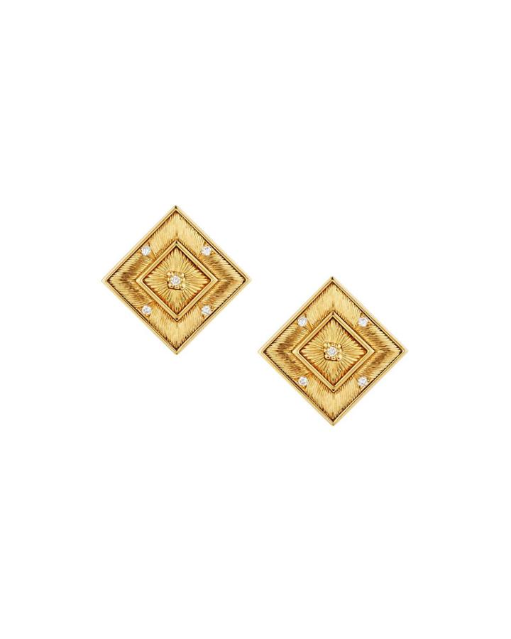 Estate 18k Gold Square Stud & Diamond Earrings