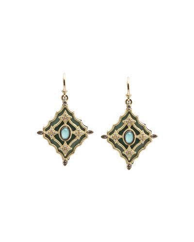 18k Green Glass Mosaic Scroll Drop Earrings W/ Diamonds, Sapphires & Turquoise