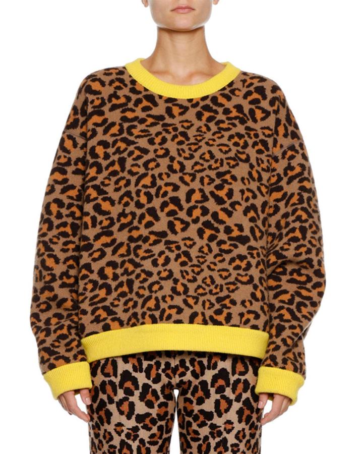 Leopard-intarsia Crewneck Pullover Sweater W/