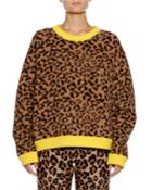 Leopard-intarsia Crewneck Pullover Sweater W/