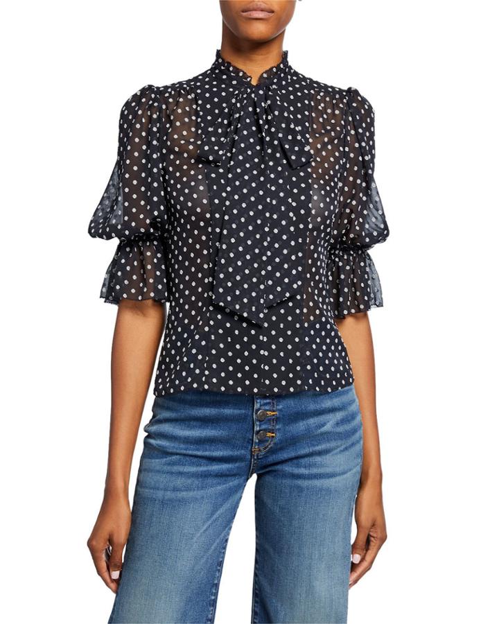 Calixte Embroidered Dot Tie-neck Top