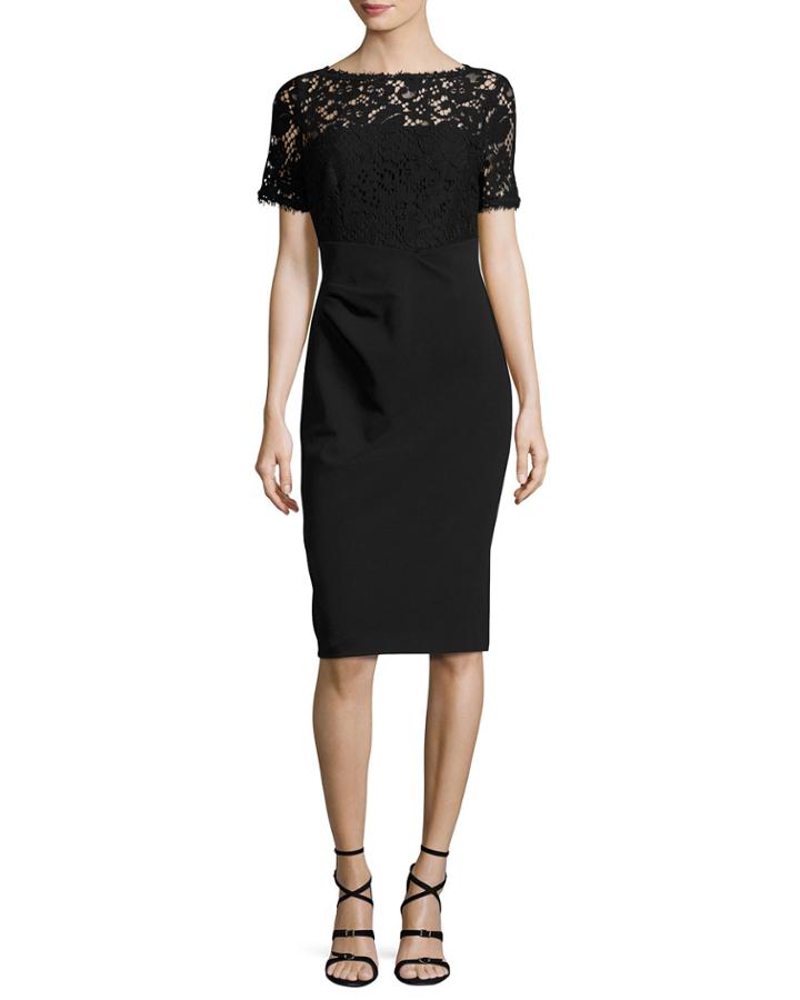 Lace-bodice Short-sleeve Sheath Dress, Black