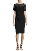 Lace-bodice Short-sleeve Sheath Dress, Black