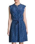 Batik Mirage Twist-front Silk Dress, Blue