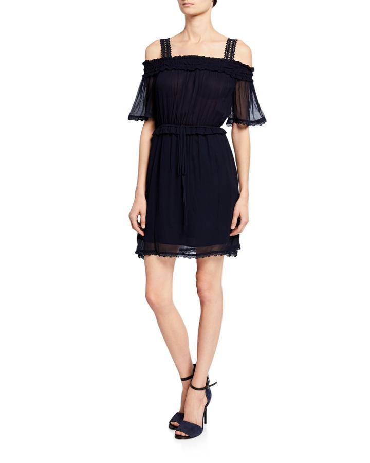 Smocked Cold-shoulder Lace A-line Dress