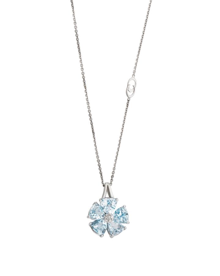 18k White Gold Topaz & Diamond Flower Pendant Necklace