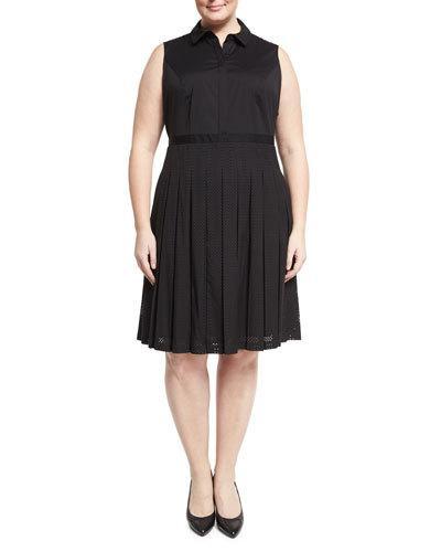 Sade Pleated Eyelet Dress, Black,