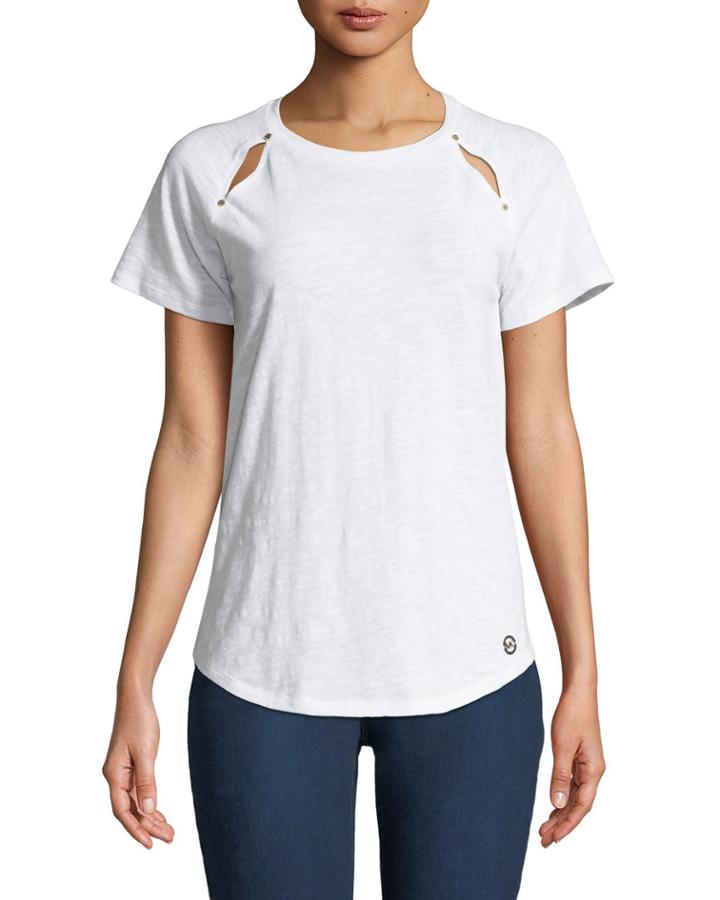 Crewneck Rivet-shoulder Cutout Tee