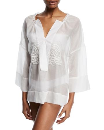 Jasmine V-neck Voile Coverup Blouse With Rose