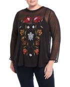 Embroidered-front Swiss-dot Blouse,