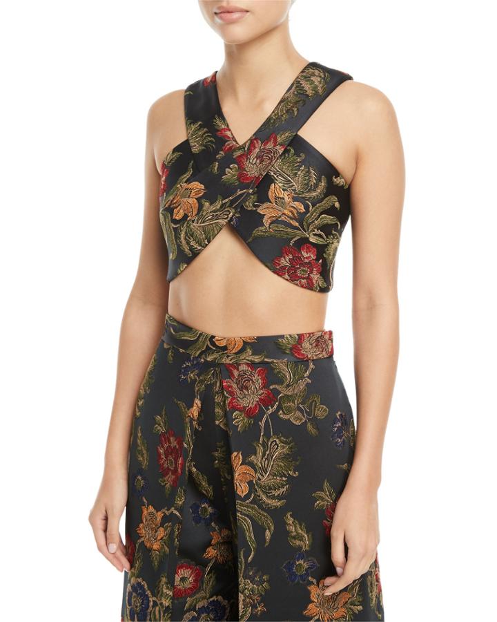 Floral-jacquard Satin Cross-front Bra Top