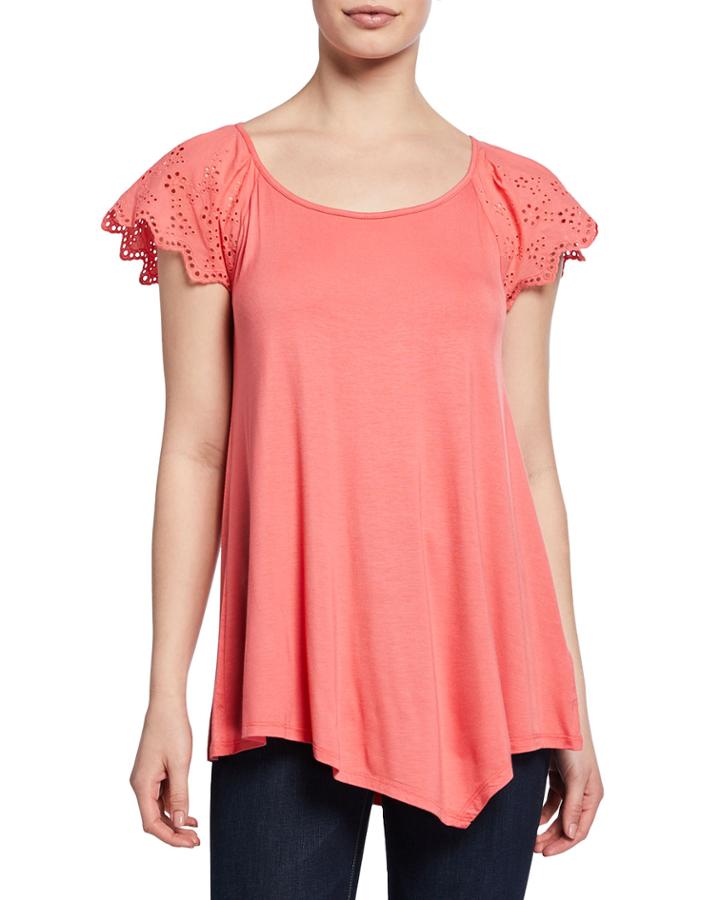 Scoop-neck Eyelet-sleeve Asymmetric Top