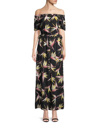 Off-the-shoulder Birds Of Paradise Maxi Jersey Dress
